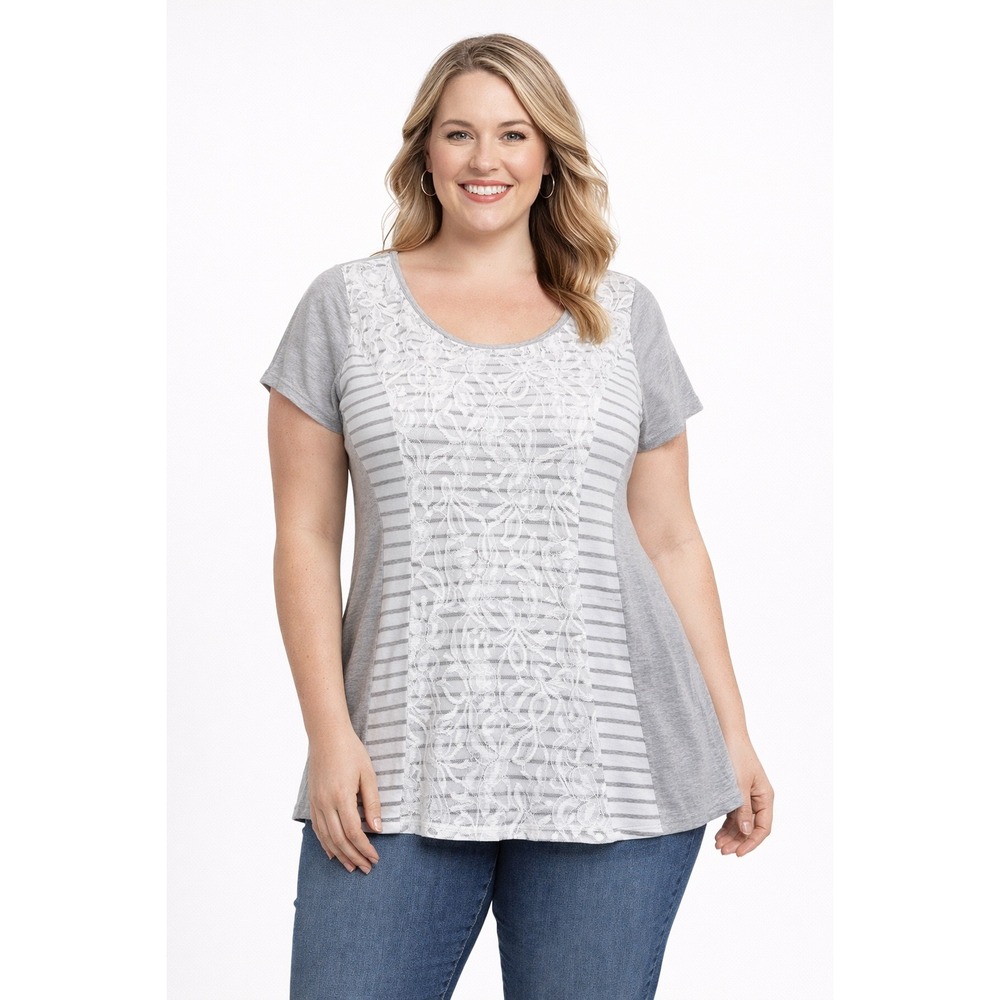 Belah & Codey Lace Front Top Womens XL Grey‎ White Striped Mixed Media Romantic